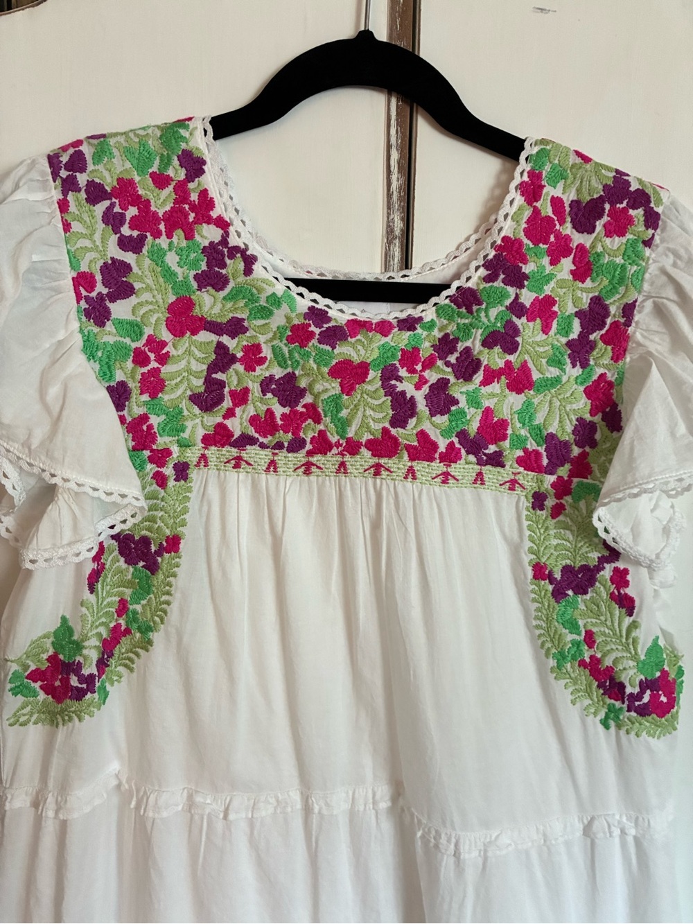 White Embroidered Flutter-Sleeve Dress with Pink & Green Em Floral Accents - Picture 2 of 3
